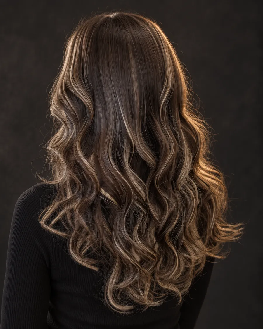 Back view of long, wavy, ash-highlighted hair on a dark charcoal backdrop